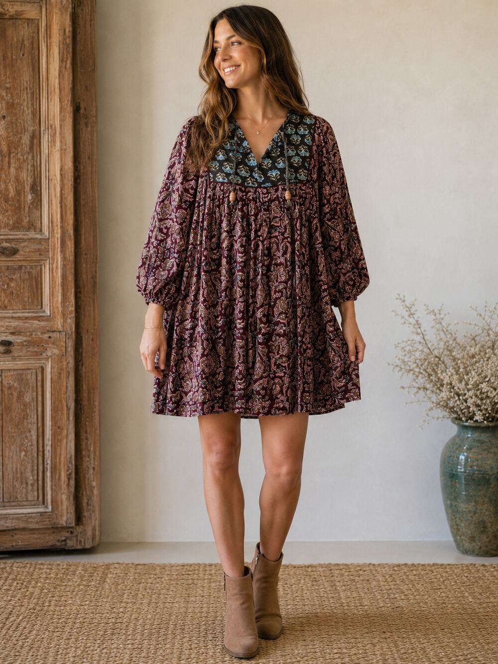 Natural Life Dara Floral Boho Bohemian Tunic Peasant Flowy Babydoll Mini Dress